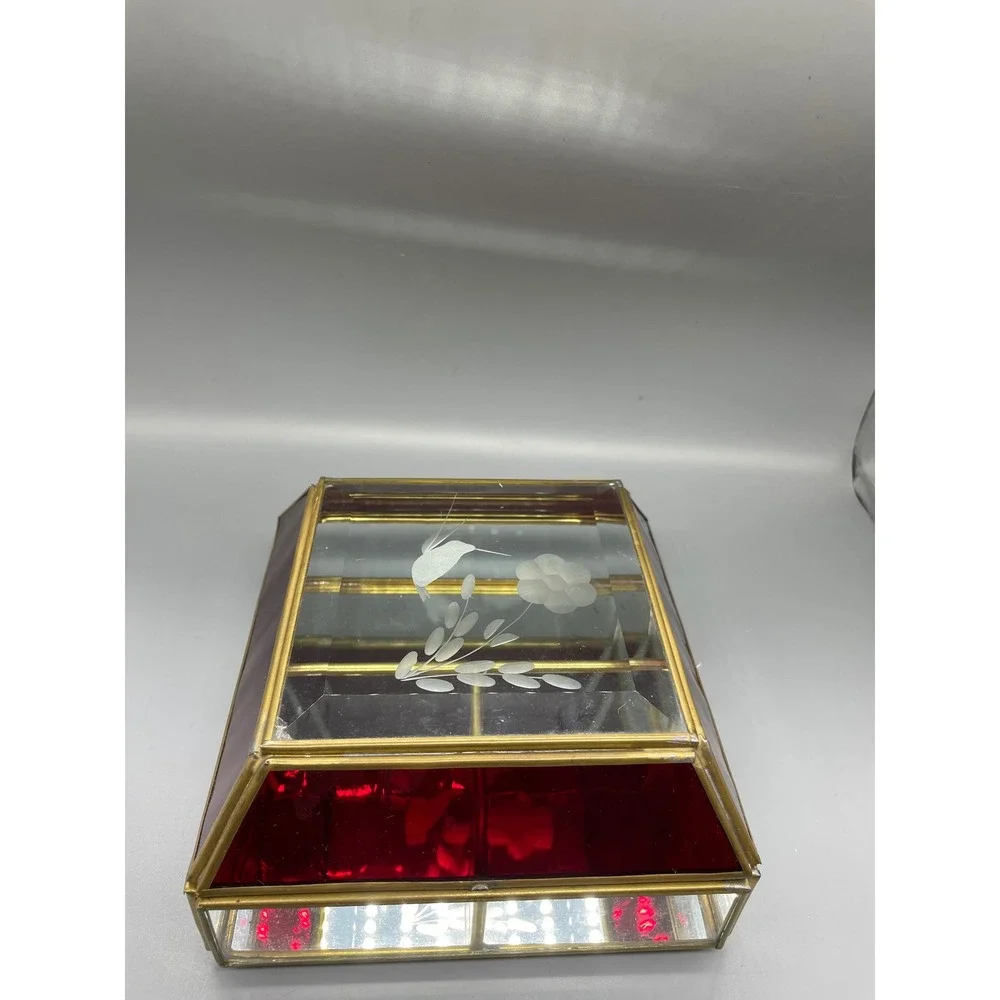 Vintage Red Stained Glass Brass Jewelry Box Etched‎ Hummingbird Floral Mirror